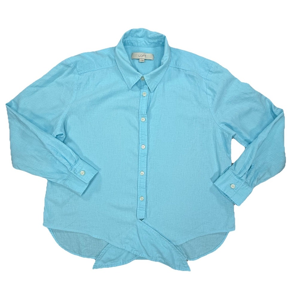 LOFT Top Womens Large Blue Linen Blend Tie Front Long Sleeve Shirt Casual Resort